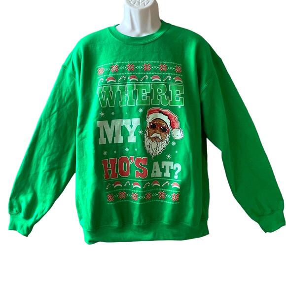 Gildan Santa Claus WHERE MY HOS AT? Cheeky Ugly Christmas Sweatshirt Size L NWOT - Picture 1 of 4